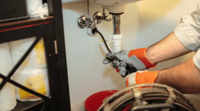 Drain cleaning technician using a motorized plumbing snake to clear a clogged sink pipe in Gilbert, AZ